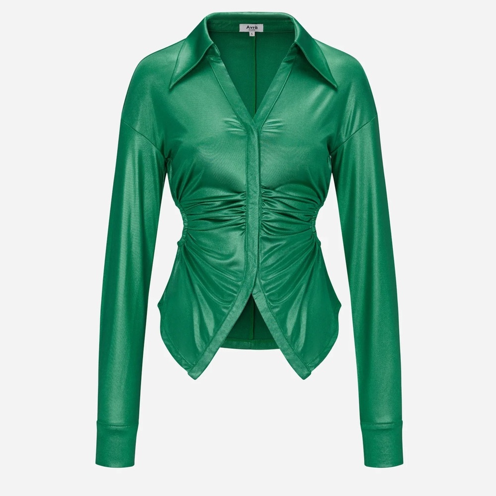 Avrà Milano Emerald Green Satin Ruched Cutout Blouse Y2K S NWT